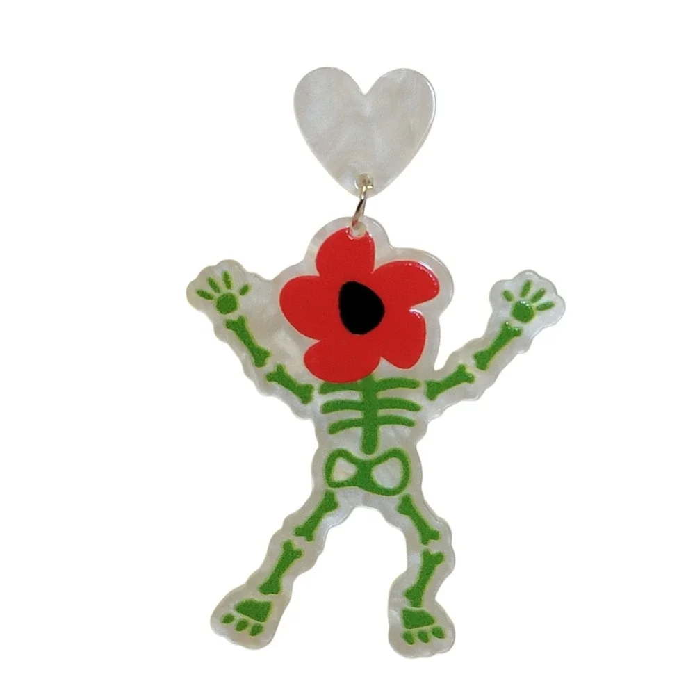 Skeleton Flower Dangle Earrings Green Red Heart Acrylic Halloween Novelty Gift